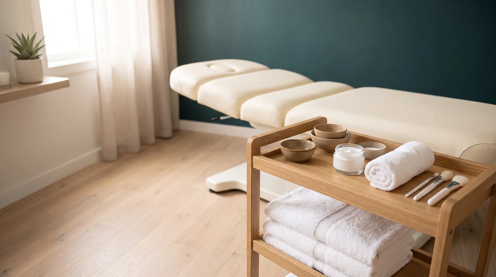 A neat esthetics trolley of cloths, bowls and brushes beside an empty treatment bed.
