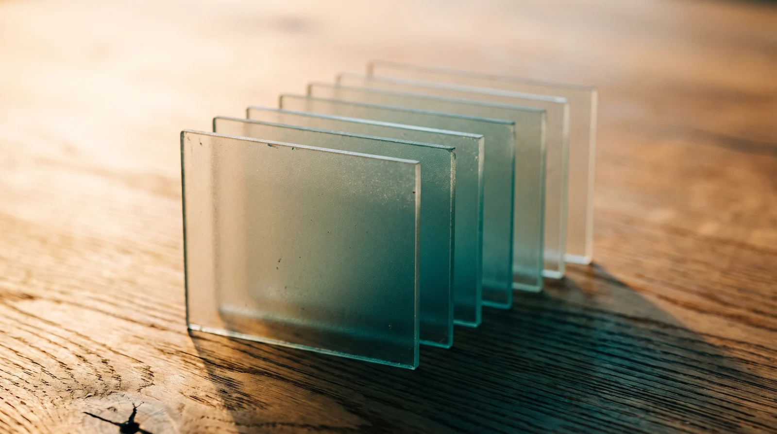 Thin translucent glass panes stacked in a row on an oak surface, lit from the side so the layers read one behind another.