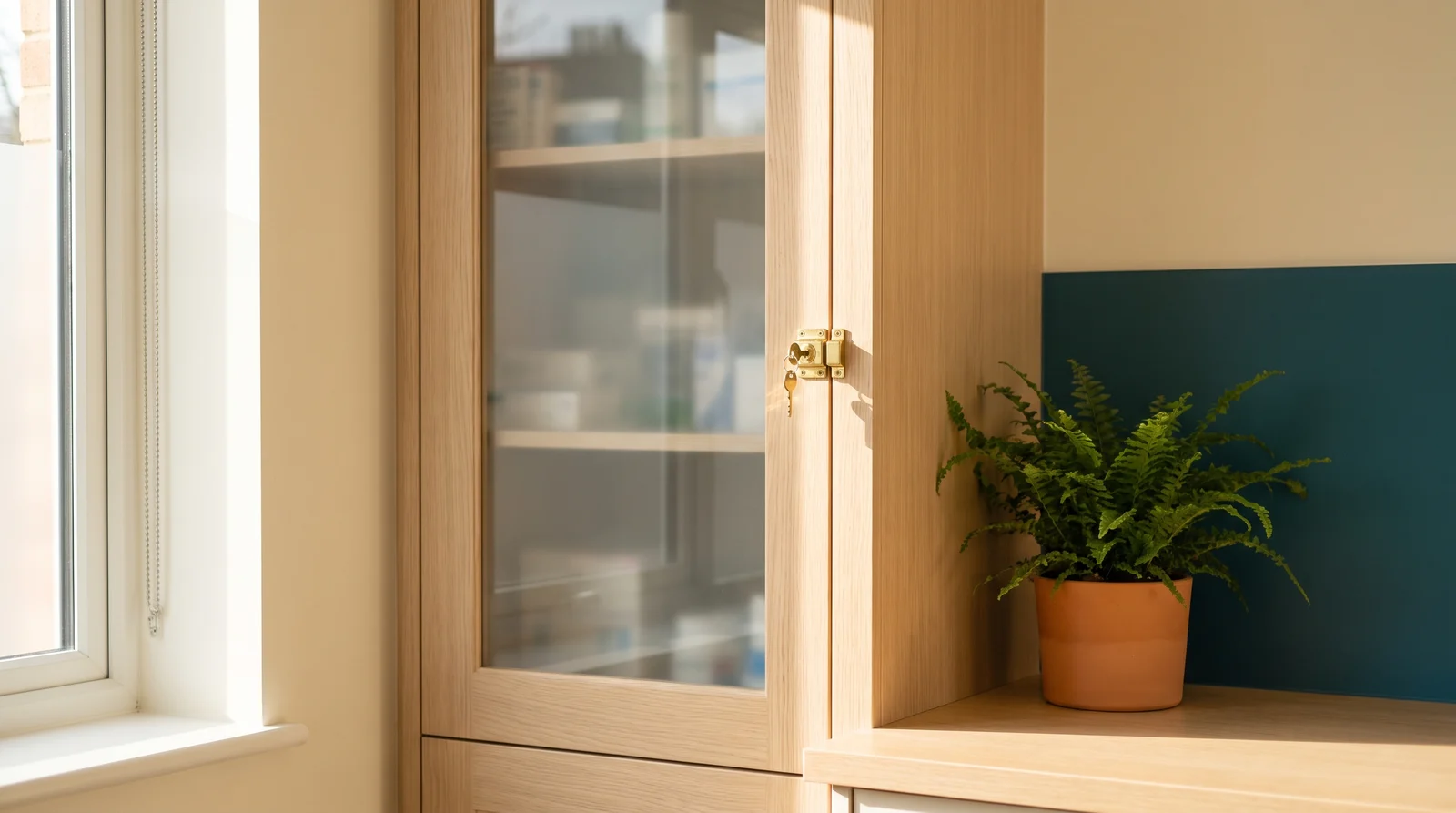 A locked glass-fronted cabinet built into pale oak cabinetry in a warm treatment room.