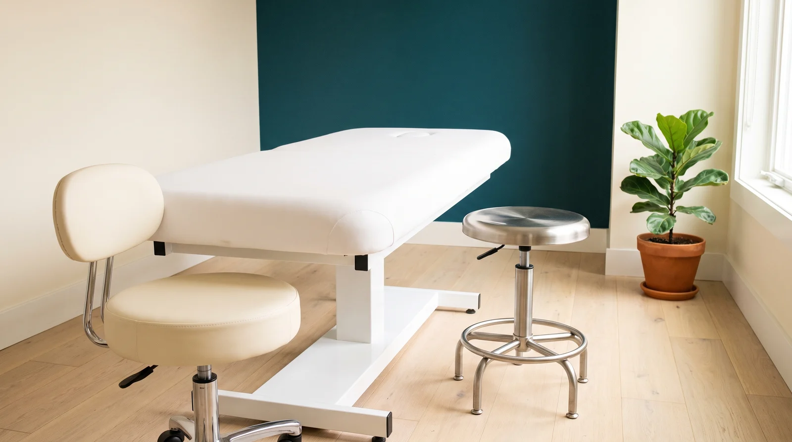 An upholstered esthetics stool and a steel clinical stool either side of one empty treatment bed.