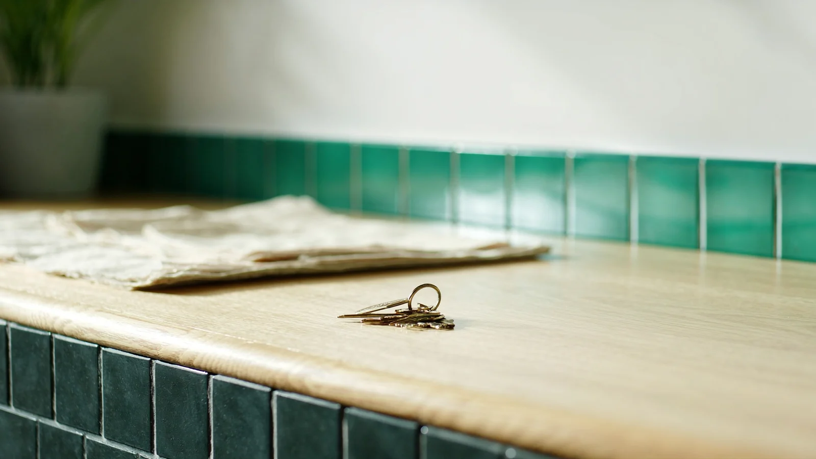 A small bunch of brass keys and a neatly folded cream cloth resting on a pale oak counter, with a band of glossy green-teal tile on the wall behind.