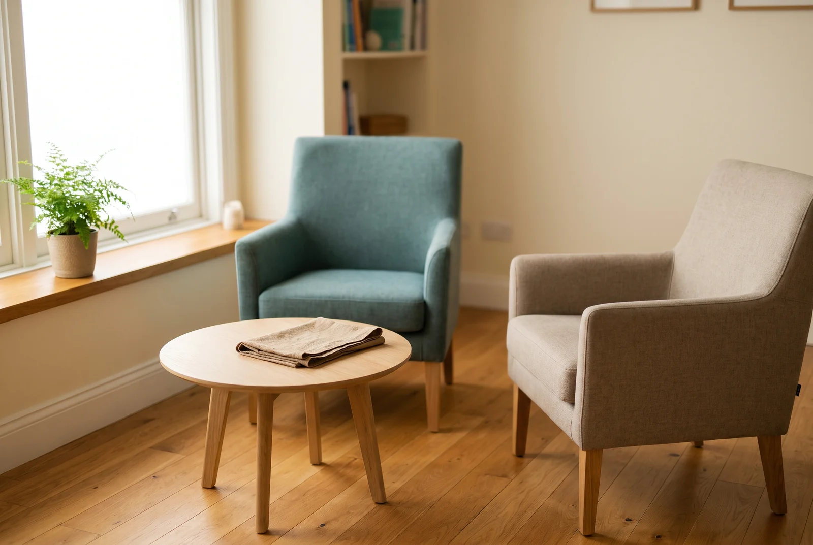 Two armchairs angled toward each other across a small round oak table in a quiet room, one upholstered in teal, with a folded cloth on the table and a fern on the windowsill.