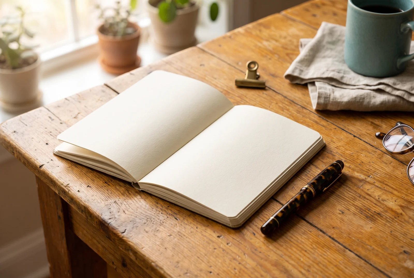 An open notebook with blank pages and a fountain pen on a worn wooden table, beside a teal mug and a folded linen cloth.