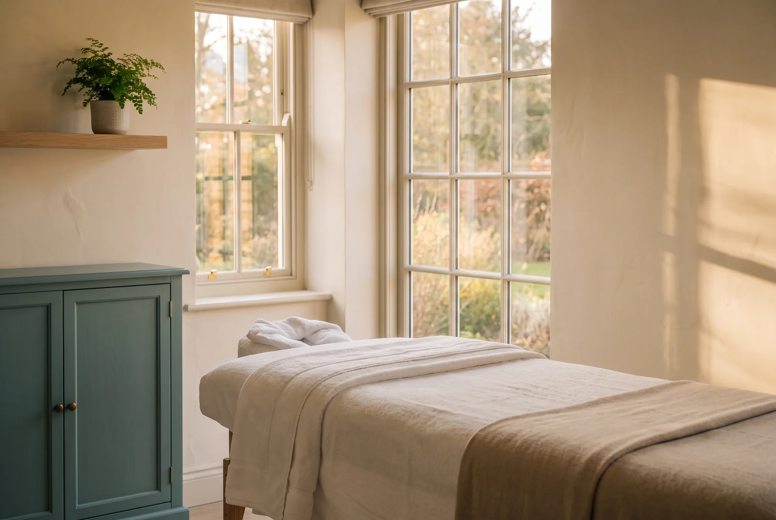 A made-up treatment bed with folded towels in a quiet room, beside a teal cabinet and tall windows looking onto a garden.