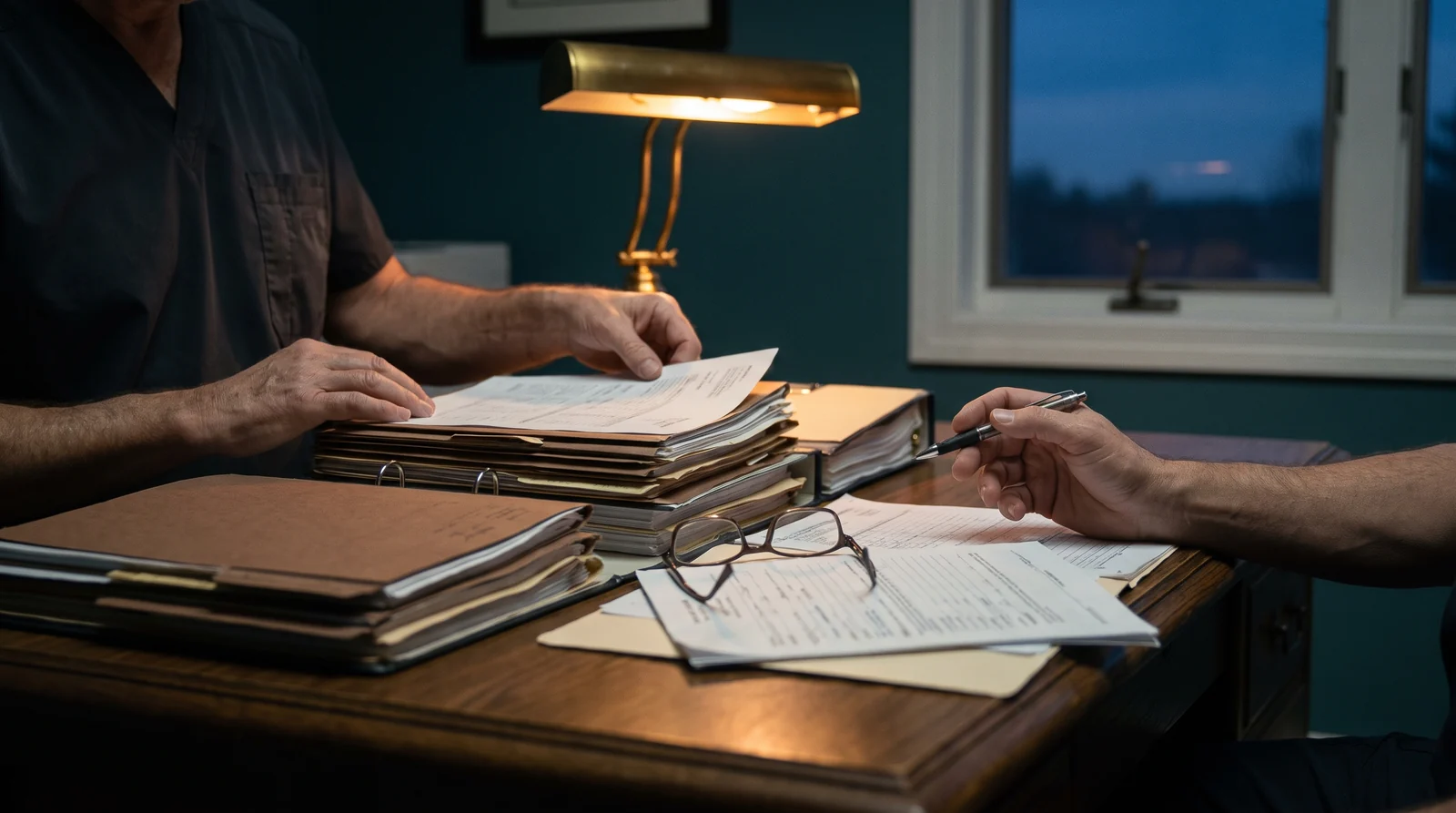 A physician reviewing a stack of patient charts by lamplight, the routine documentary work of medical oversight.