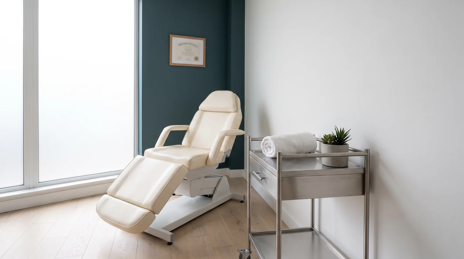 An empty medical aesthetics treatment room with a framed practitioner certificate on the wall.