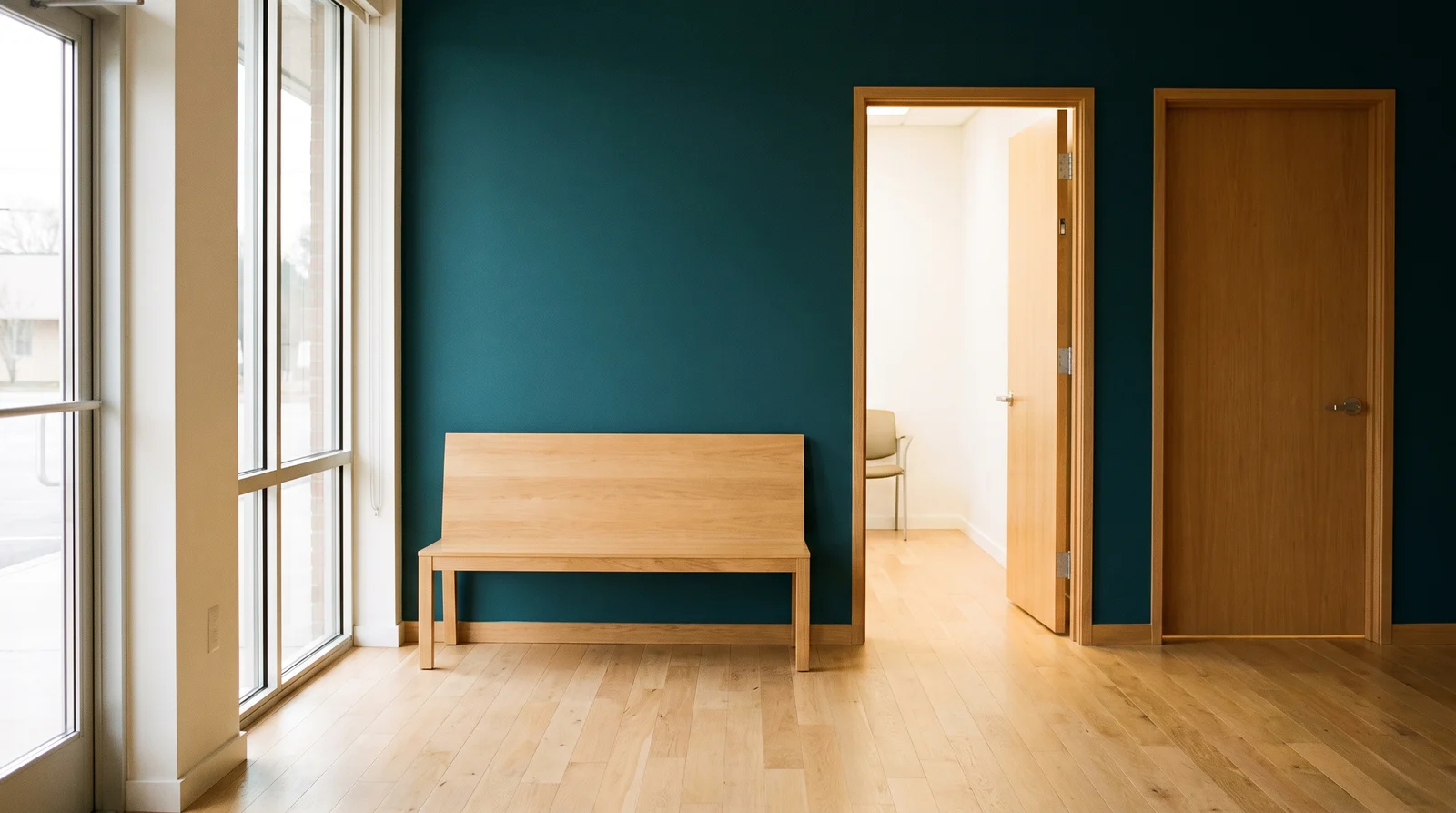 A calm reception with a wooden bench, one open doorway and one closed door against a deep teal wall.