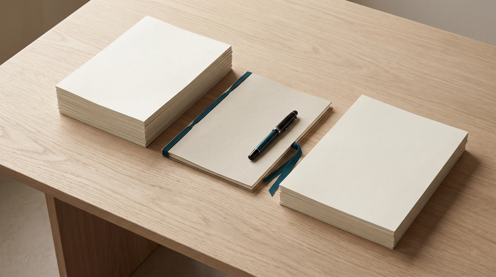 Two separate stacks of blank documents on an oak desk joined by a single bound agreement with a pen resting on it.