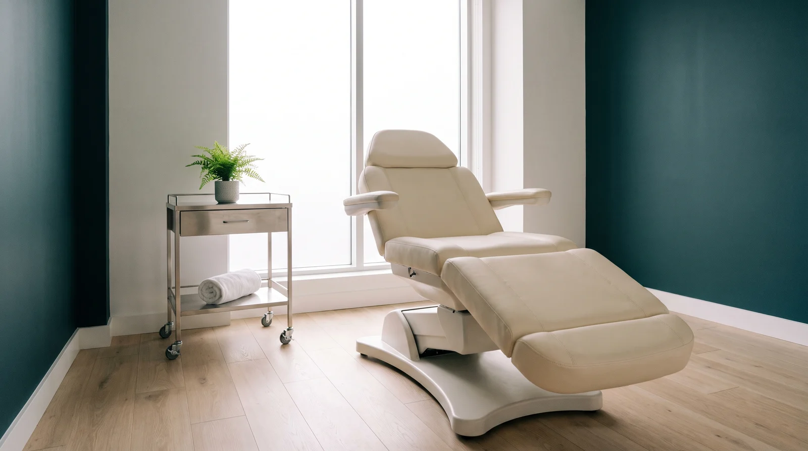 An empty aesthetics treatment room with a cream treatment chair, a stainless instrument trolley and a plant.