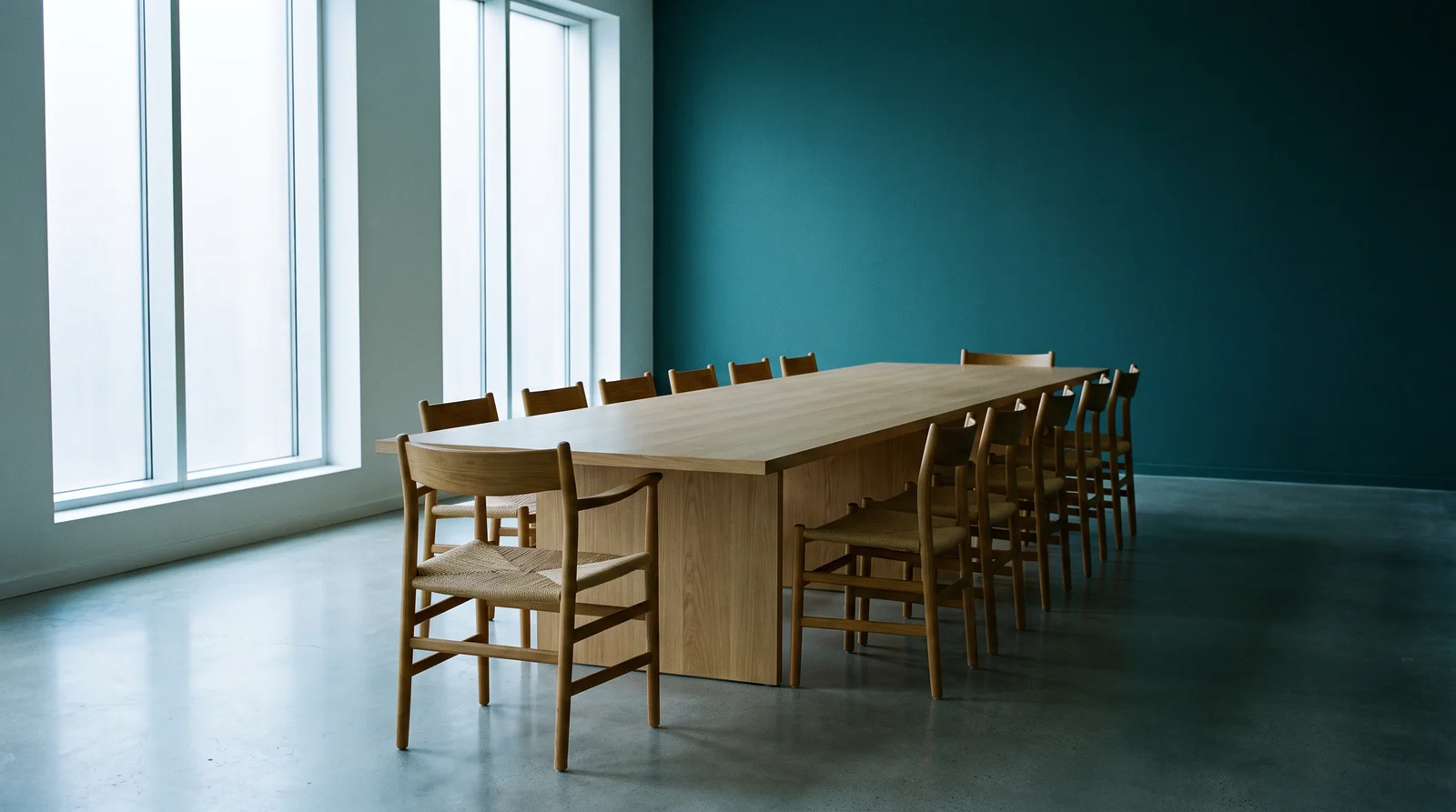 An empty oak boardroom table surrounded by empty chairs in a room with a deep teal wall.