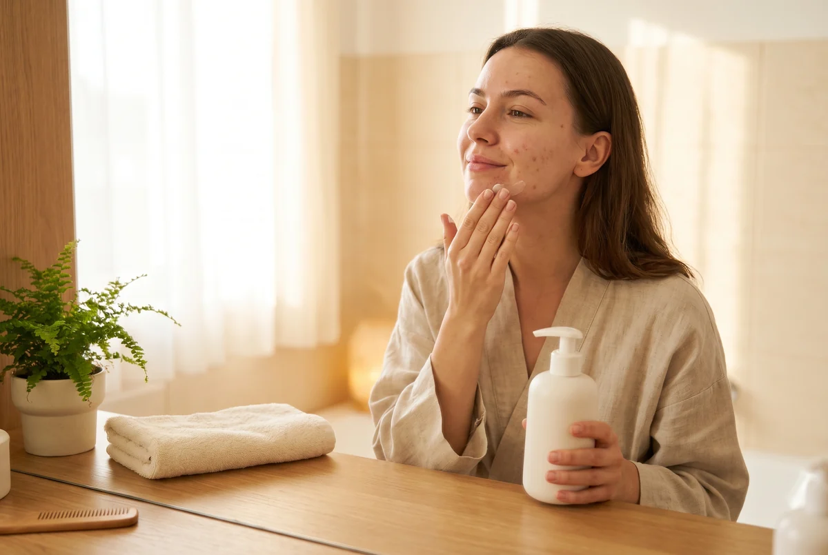 A woman applies a prescription cream along her jawline at a bathroom mirror