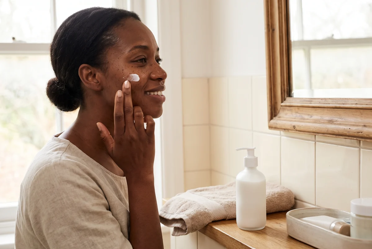 A woman presses a prescription cream into her cheek at a bathroom mirror