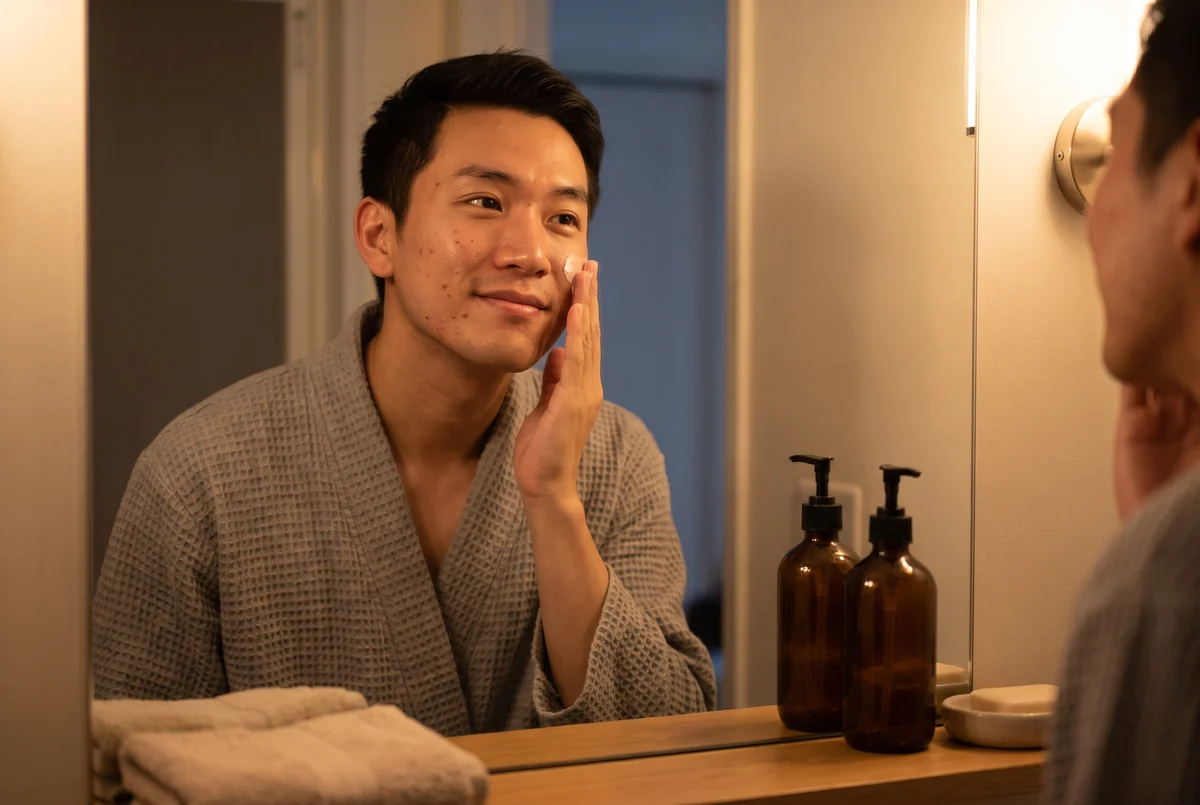 A man applies a nightly prescription cream to his cheek