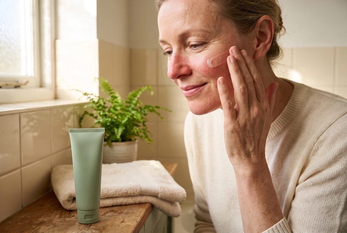 A woman pats a prescription gel onto a flushed cheek