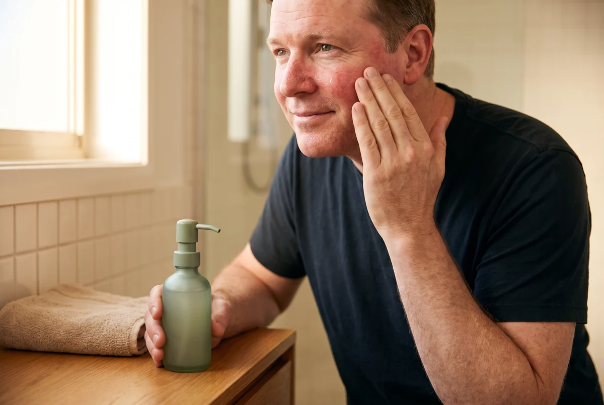 A man with rosacea flush across his cheeks and nose applies a prescription serum to one cheek