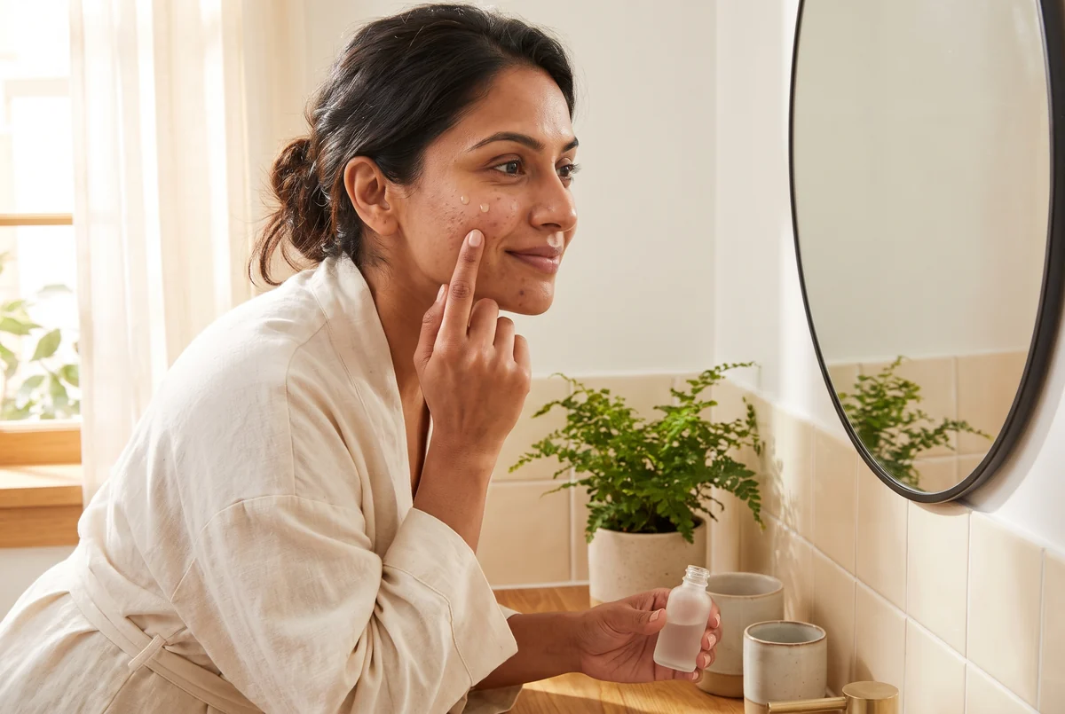 A woman taps a prescription serum onto her cheekbone