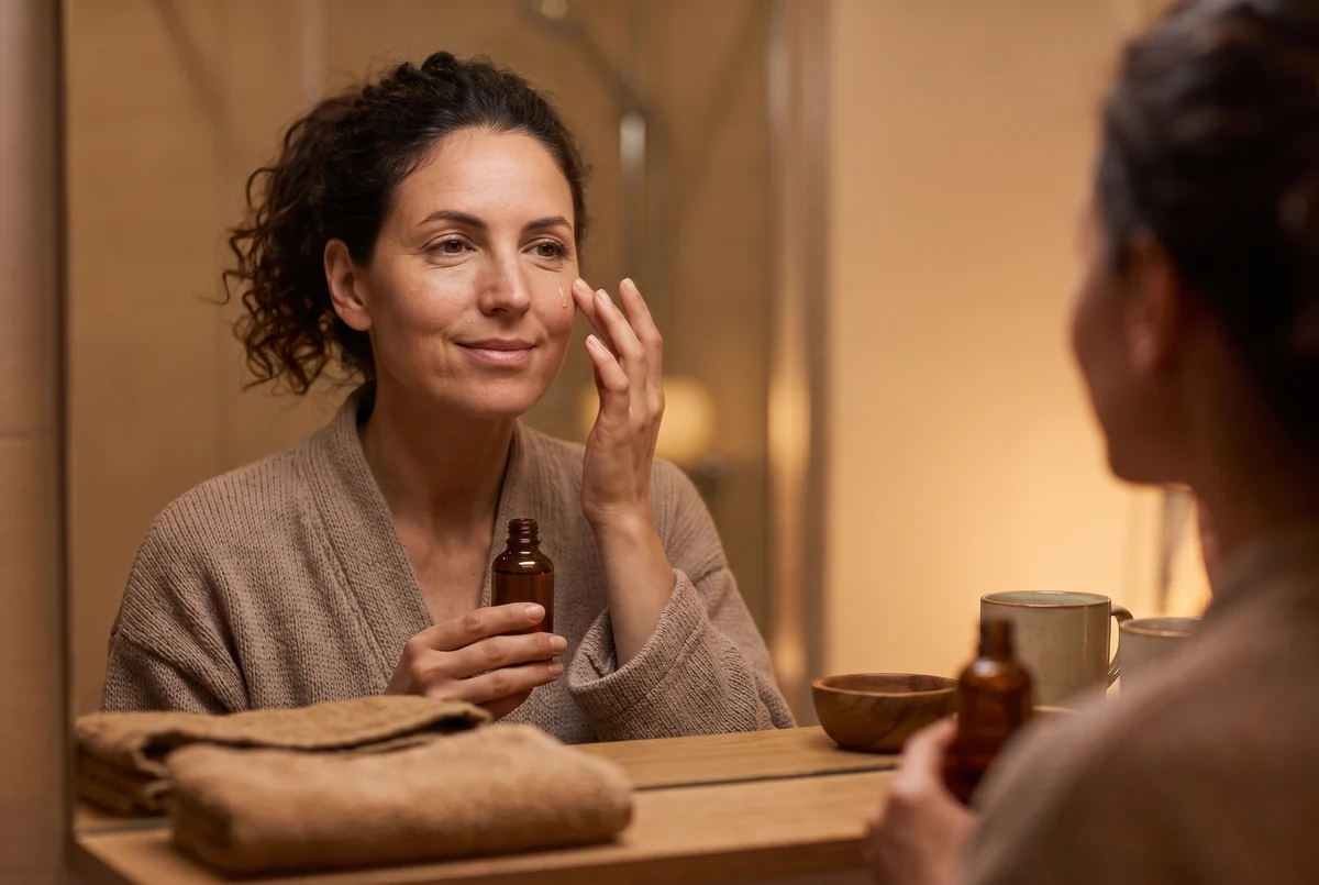 A woman applies a nightly prescription serum to her cheekbone