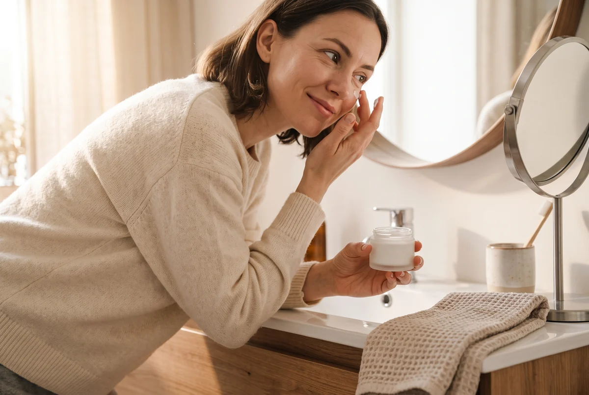 A woman taps eye cream beneath her eye with her ring finger