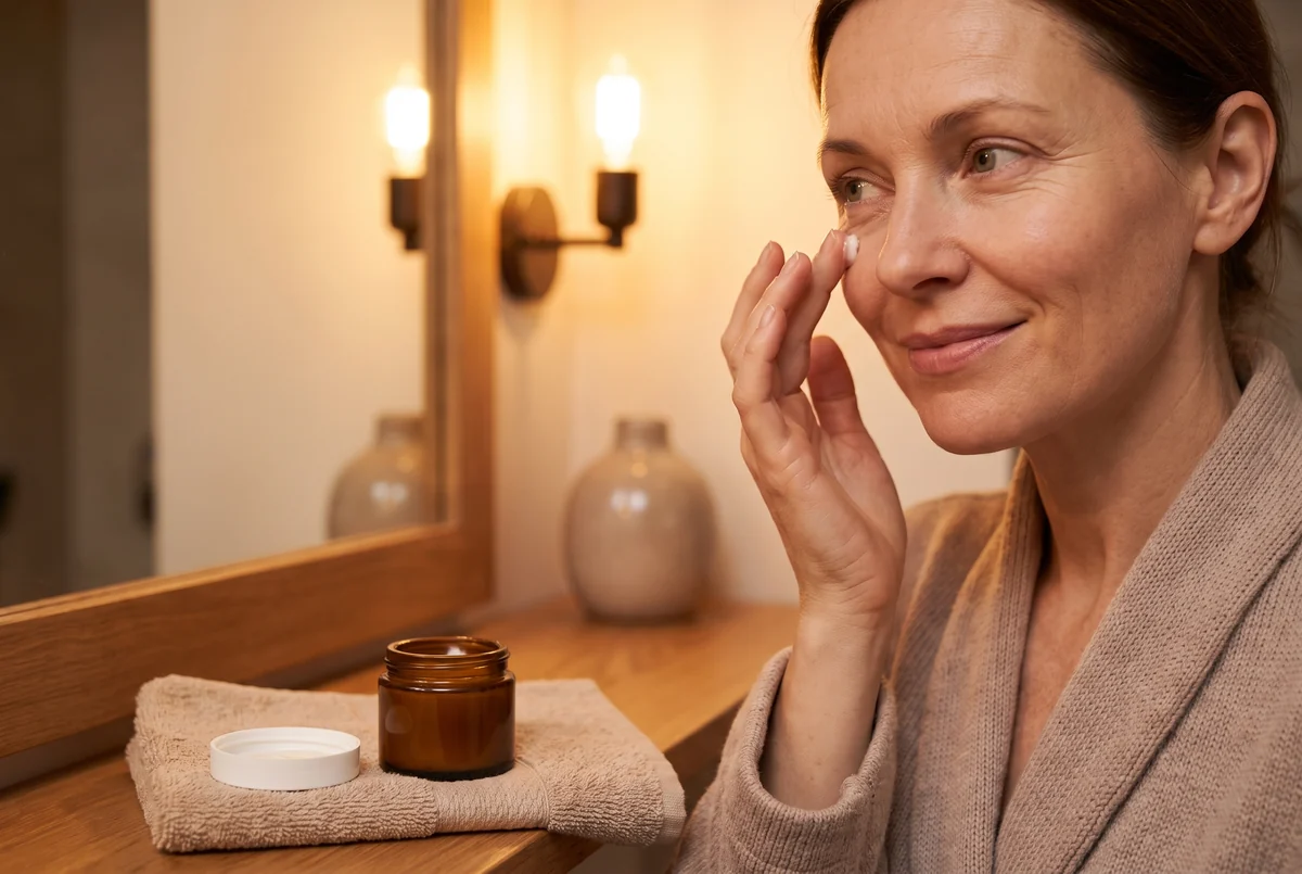 A woman applies a nightly eye cream beneath her eye